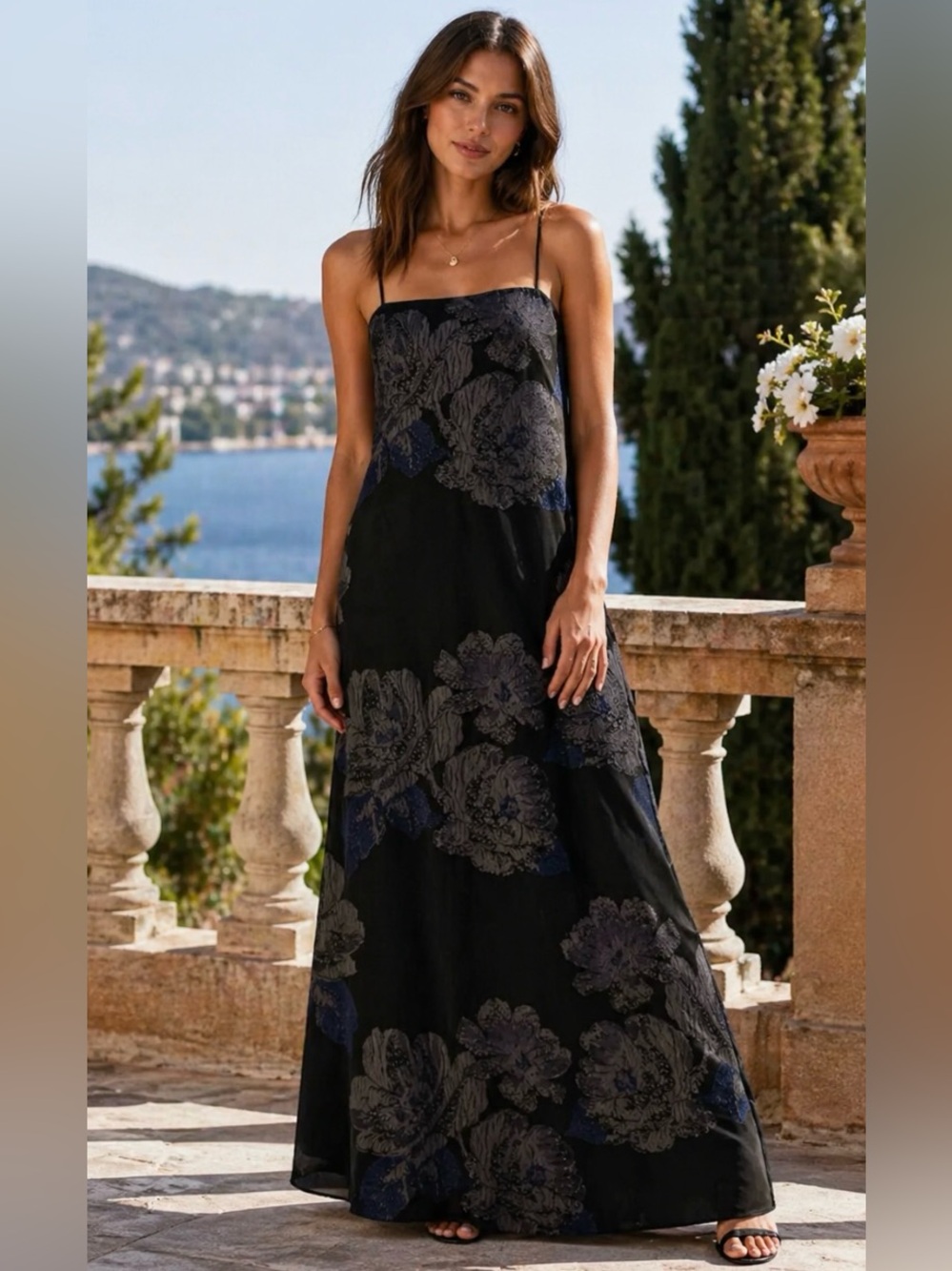 Lulus Yavanna Black Floral Jacquard Shift Maxi Dress XS NWT